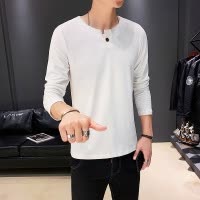 SUNTEK秋季韩版修身印花上衣男士长袖t恤白色潮男修身v领男青年打底衫男T恤