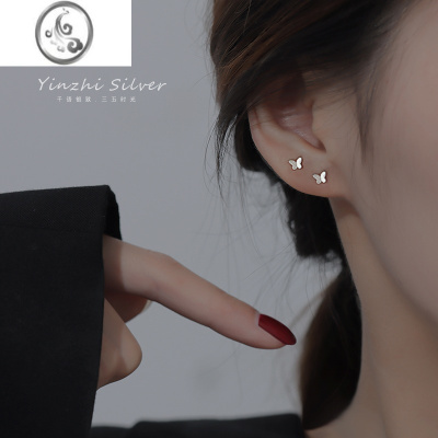 JiMiS925银蝴蝶小耳钉女小众设计2023新款高级感耳饰养耳洞耳环耳骨钉