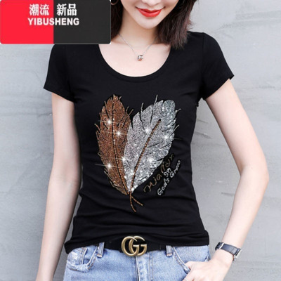 YIBUSHENG2024年季新款短袖女欧货字母重工烫钻T恤女紧身洋气百搭潮