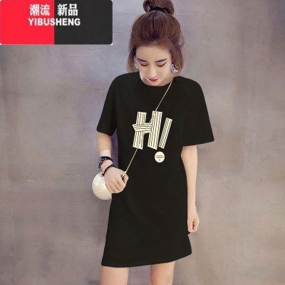 YIBUSHENG花灰色圆领短袖女连衣裙2024季新款宽松中长款大版T恤裙ins