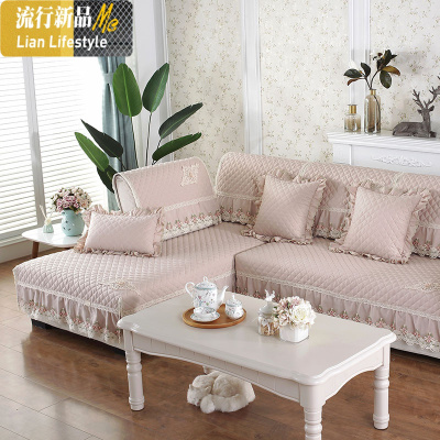 法式防滑棉沙发垫四季通用布料面料夹棉防滑木耳边带硅胶双面 三维工匠 简爱-米黄 60*90+15cm花边