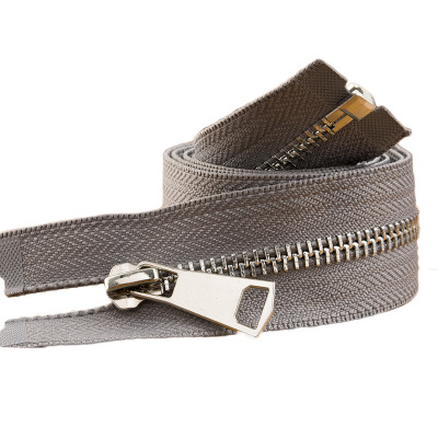 双头羽绒服拉链5号金属铜双向双开铁拉锁头衣服长款大衣辅料配件-灰色亮银齿单头85cm