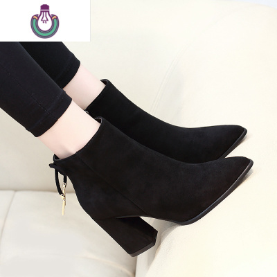 FISHBASKET短靴女粗跟2020新款高跟靴百搭短筒瘦瘦靴时尚尖头绒面马丁靴靴子