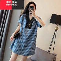 YIBUSHENG胖MM特大码300斤西装领棋盘格连衣裙女季宽松轻熟牛仔拼接长裙2