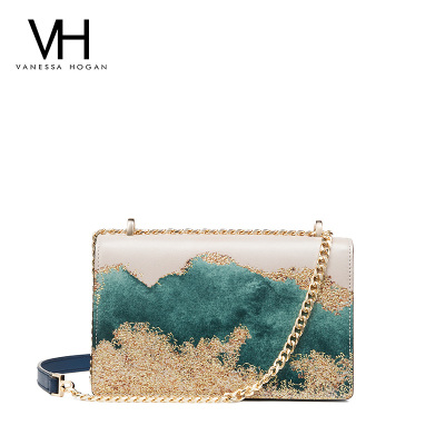 官方正品-VANESSAHOGANVH女包新款水墨风刺绣时尚链条小方包中国风单肩包清新森系女斜挎包海蓝色