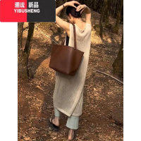 YIBUSHENG2024设计感度假风针织过膝裙外搭罩衫镂空长款开叉背心连衣裙女