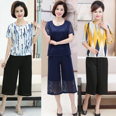 2018夏新款中老年女装短袖t恤妈妈装夏装套装40-50岁中年女雪纺衫