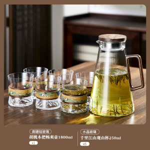 新中式耐高温玻璃杯喝水杯子轻奢高级感泡绿茶具 千里江山透明观山杯6只+胡桃木水壶