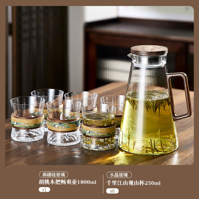 新中式耐高温玻璃杯喝水杯子轻奢高级感泡绿茶具 千里江山透明观山杯6只+胡桃木水壶