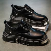 秋季上新款黑纯色圆头低帮正装工作休闲皮鞋厚底亮面英伦风男皮鞋