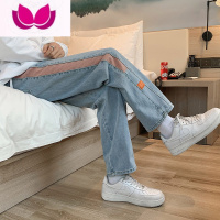 七斓牛仔裤男2023新款春季港风拼接宽松直筒休闲裤子潮牌九分阔腿长裤