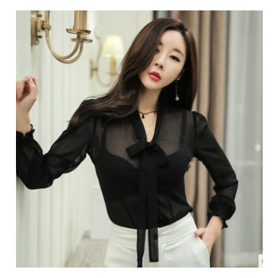 暖青汇雪纺衫女长袖2020秋装新款韩版衬衫飘逸系带衬衣宽松超仙洋气小衫