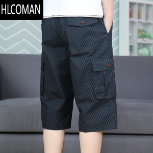 HLCOMAN黑色小格子满印多口袋七分裤男士夏季薄款大码工装休闲中短裤
