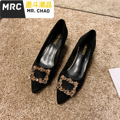 仙女风粗跟高跟鞋女新款韩版百搭网红水钻尖头浅口单鞋女墨斗潮品休闲鞋