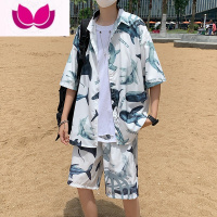 七斓旅游套装2023男士短袖衬衫海边沙滩度假休闲大码短裤五分裤情侣装