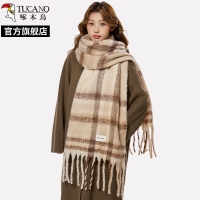 啄木鸟2025新款氛围感浅驼色格子围巾女生冬季韩版高级感百搭披肩