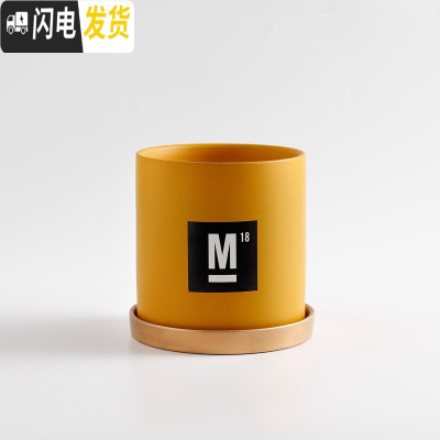 三维工匠|陶瓷小花盆多肉绿植花盆创意个性北欧风格ins风直筒带托盘 柠檬黄色(配托盘) 17CM花盆容器