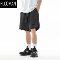 HLCOMAN街头水洗做旧牛仔短裤男夏季潮牌宽松大裤衩休闲五分裤子