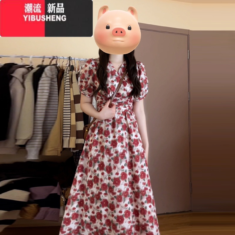 YIBUSHENG法式红色玫瑰碎花连衣裙子女季2024新款看收腰显瘦气质长裙