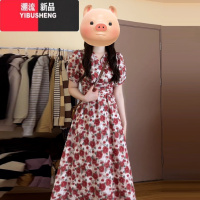 YIBUSHENG法式红色玫瑰碎花连衣裙子女季2024新款看收腰显瘦气质长裙