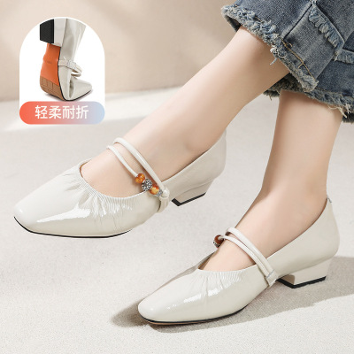 玛丽珍鞋女2026春秋新款一字扣中跟串珠浅口单鞋复古仙女鞋四季鞋_779