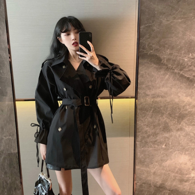 SUNTEK2021春秋时尚风衣女气质中长新款小个子韩版港味英伦chic收腰外套风衣