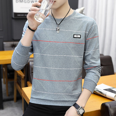 歌爱妮2019长袖T恤男秋冬季圆领条纹打底衫精神小伙韩版修身上衣学生秋衣潮