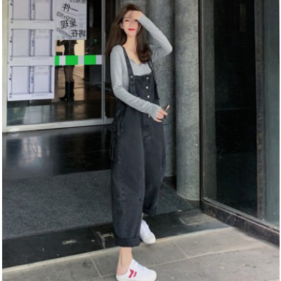 YIBUSHENG胖mm时尚春装心机显瘦遮肚时髦两件套宽松大码女装牛仔背带裤套装牛仔裤