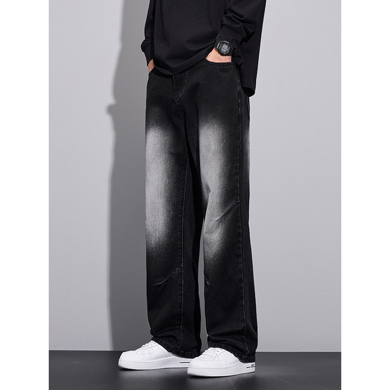 厚款加绒男装裤子潮流秋季新款磨白拼色设计宽松高街黑色牛仔裤男
