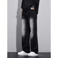 厚款加绒男装裤子潮流秋季新款磨白拼色设计宽松高街黑色牛仔裤男