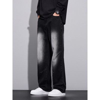 厚款加绒男装裤子潮流秋季新款磨白拼色设计宽松高街黑色牛仔裤男