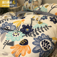 梵高写意风四件套棉1.5m1.8米被套蓝色格子床单田园欧美式 三维工匠