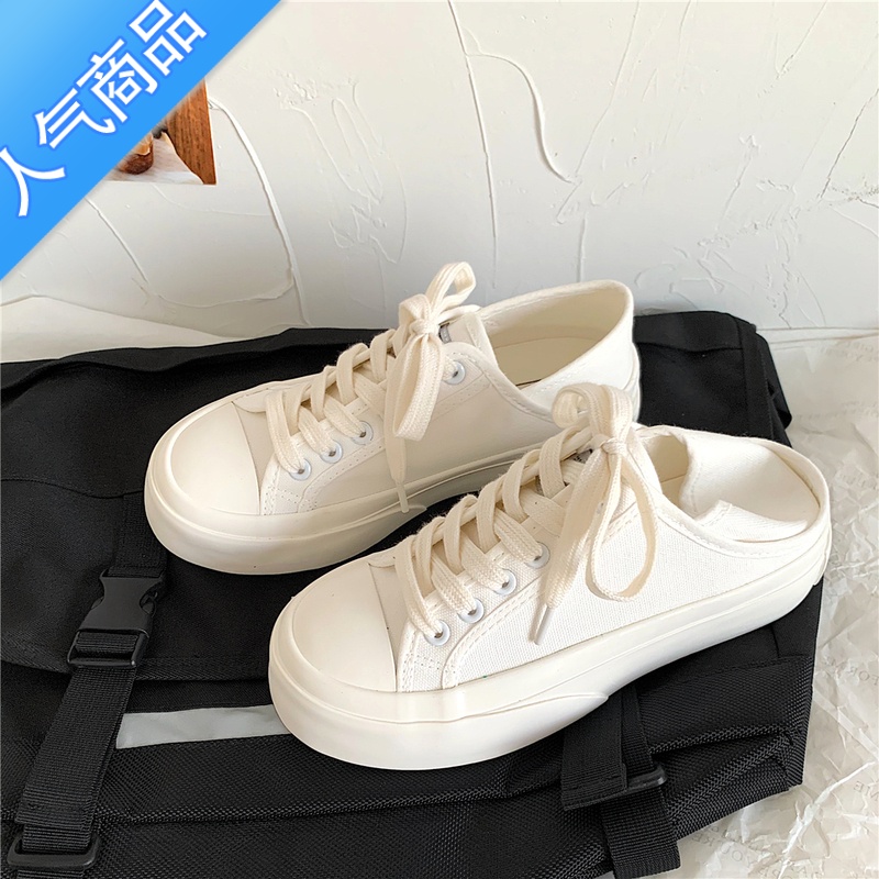 SUNTEK2023春季新款日系小众厚底大头鞋ins街拍百搭懒人鞋两穿小白鞋潮