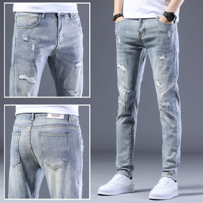 香港高品质浅色破洞牛仔裤男款潮牌秋季新款春秋男士修身小脚美式_141