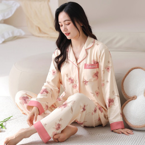 春秋季新款长袖开衫家居服棉质睡衣女款休闲宽松翻领两件套可外穿