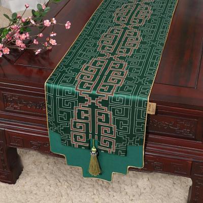 美帮汇新中式古典玉桌旗茶几长条布艺中国风桌布床柜旗电视柜盖布 如意纹绿 34*250适合桌长190-200CM