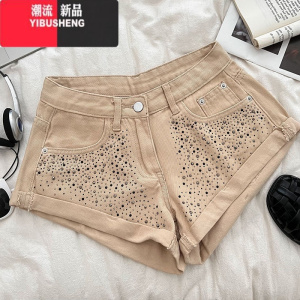 YIBUSHENG复古时尚设计感重工烫钻高腰显瘦牛仔短裤卷边阔腿裤休闲裤热裤女