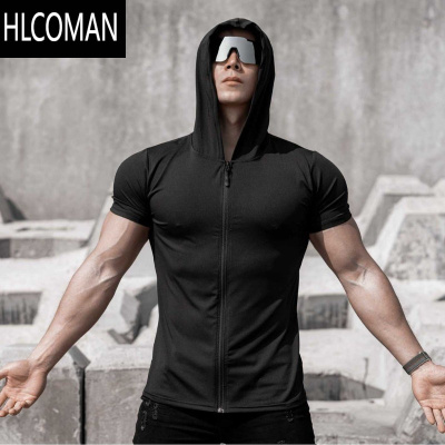 HLCOMAN短袖男肌肉运动健身连帽速干T恤冰丝收袖口拉链开衫撸铁狗兄弟潮