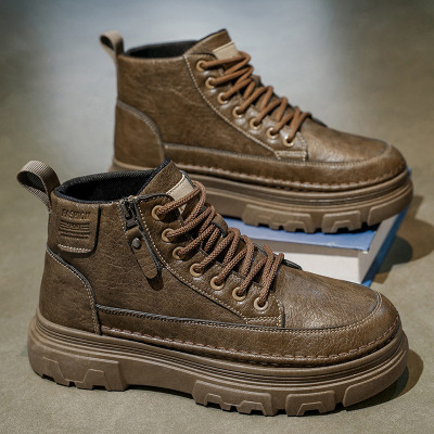 复古秋季纯色新款时尚简约车缝线轻便舒适休闲系带厚底男士马丁靴
