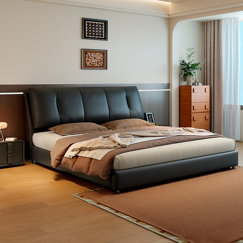 意式真皮床轻奢现代简约双人床主卧室小户型实木储物床软包大婚床