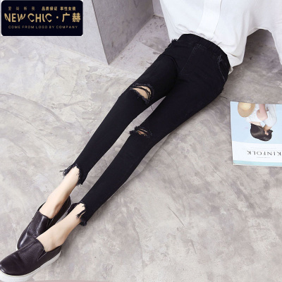 广赫网红松紧腰破洞牛仔裤女九分裤小脚裤春季新款弹力修身显瘦铅笔裤牛仔裤