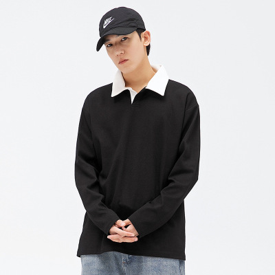 春秋季新款男士韩版纯色撞色翻领长袖卫衣潮情侣网红同款重磅上衣