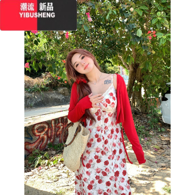 YIBUSHENG安妮不火 玫瑰花吊带连衣裙女2024季新款微胖大码收腰碎花长裙