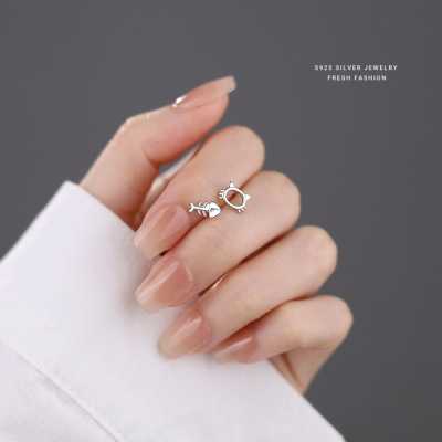 猫咪鱼骨头耳钉女s925纯银可爱不对称耳钉简约小清新个性动物耳饰送女朋友老婆情人节七夕生日礼物