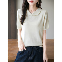 轻奢冰丝娃娃领针织短袖T恤女25夏季新款纯色薄款百搭五分袖上衣