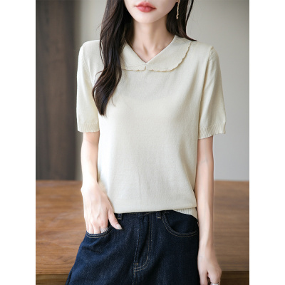 轻奢冰丝娃娃领针织短袖T恤女25夏季新款纯色薄款百搭五分袖上衣