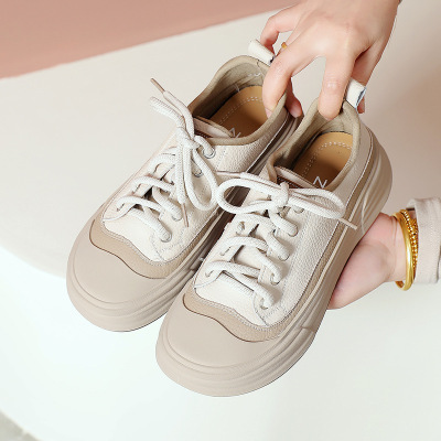 真皮女鞋秋季24新款小白鞋休闲女士真皮软底厚底乐福鞋系带运动鞋