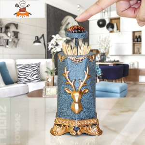 网红牙签盒北欧ins轻奢客厅家用创意自动牙签筒按压式棉签收纳盒 敬平 时尚鹿蓝金色牙签盒