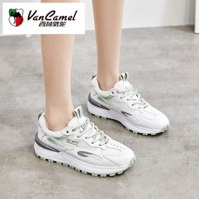 西域骆驼女鞋真皮网面运动鞋女2021春秋季新款牛皮网布阿甘鞋百搭软底防滑跑步老爹鞋女ins潮鞋