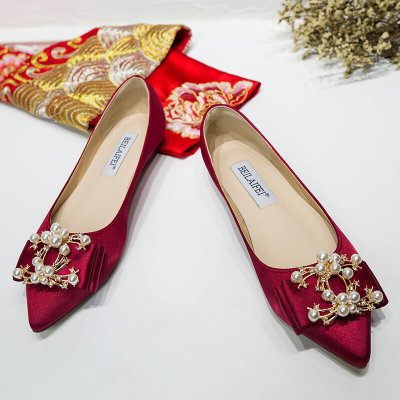 述雅述雅2020新娘婚鞋平底水晶鞋女红色孕妇仙女风结婚秀禾鞋子大码45软底